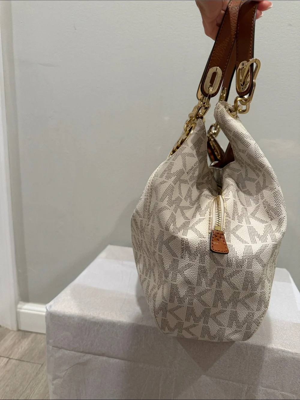 Michael Kors Cream MK Logo Hobo with Gold Hardware and Tan Handles
